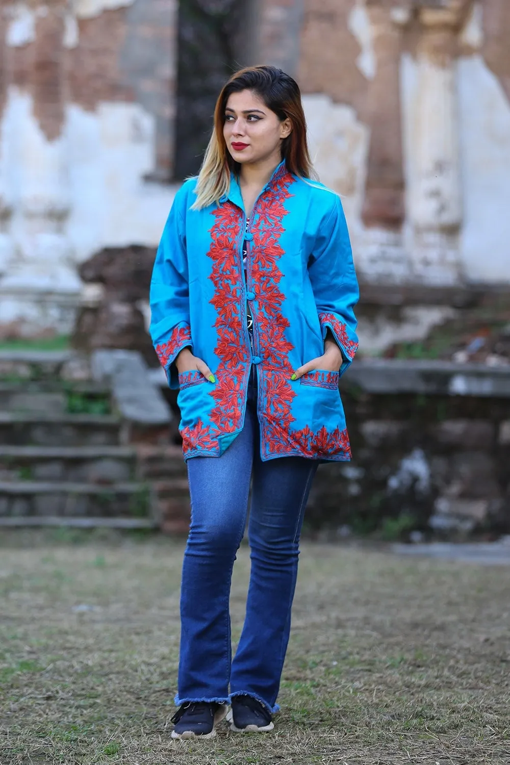 Beautiful Blue Firozi Colour Aari Work Embroidered Jacket With New Designer Paisley Pattern