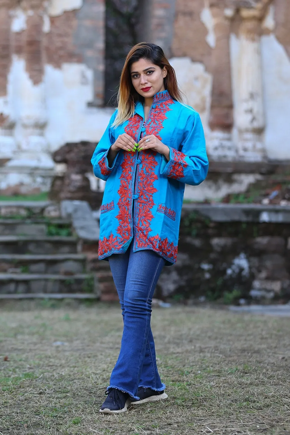 Beautiful Blue Firozi Colour Aari Work Embroidered Jacket With New Designer Paisley Pattern