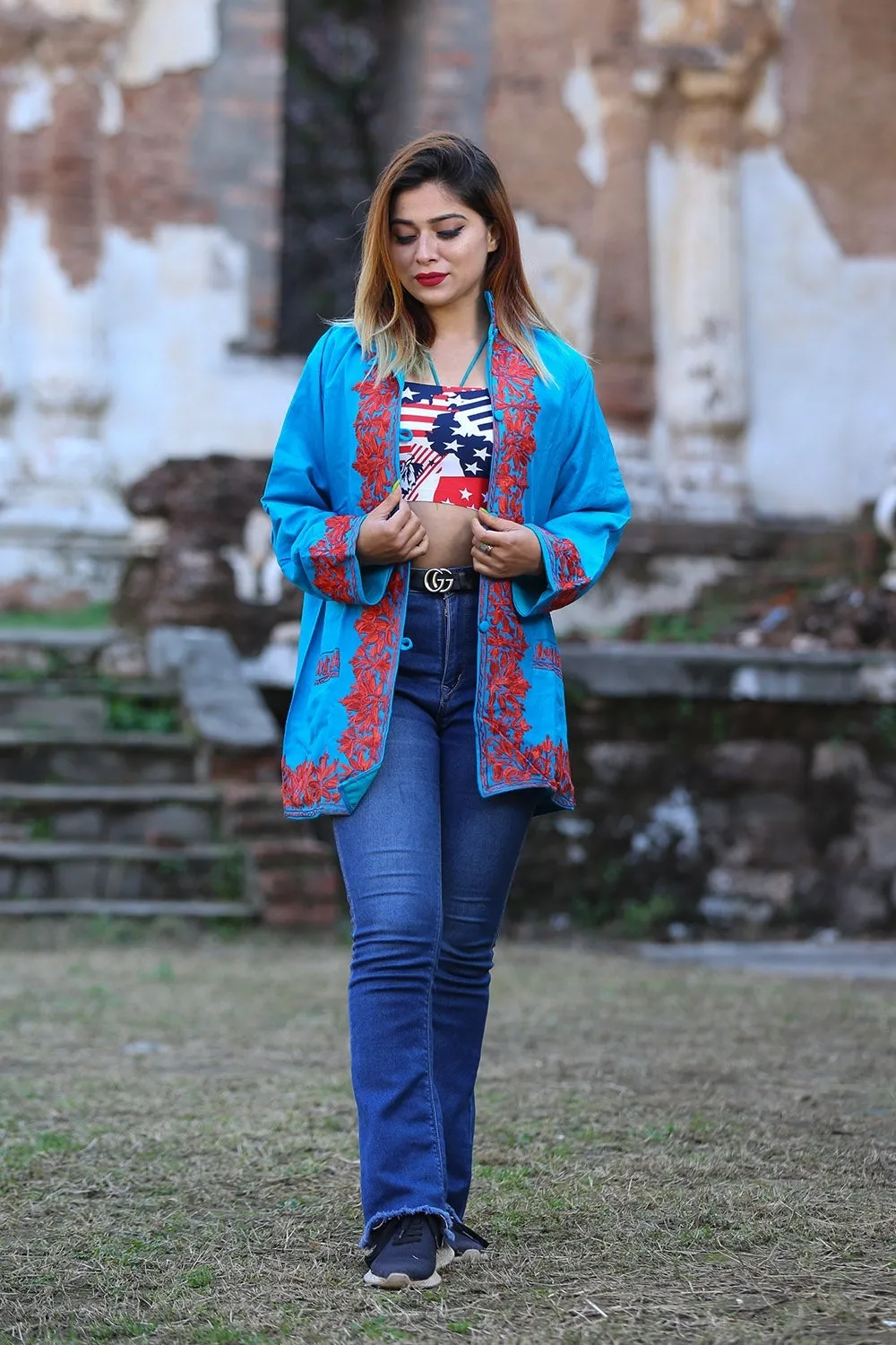 Beautiful Blue Firozi Colour Aari Work Embroidered Jacket With New Designer Paisley Pattern