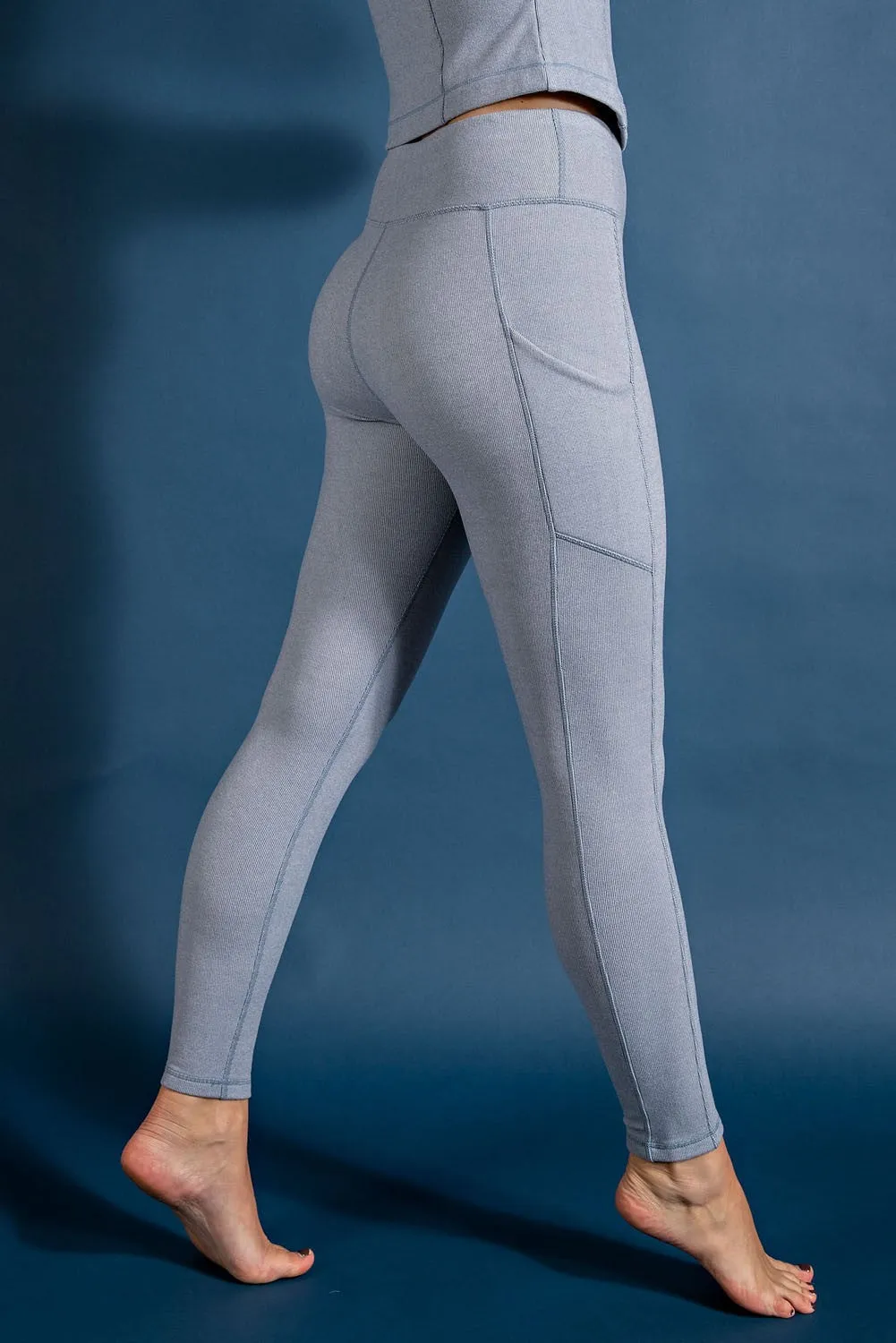 Chambray Rib Brushed High Rise Leggings With Pockets