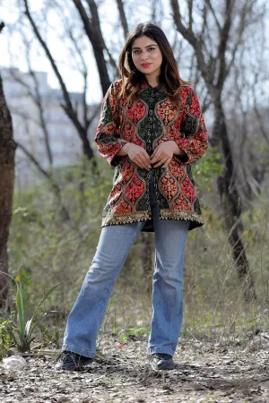 Charcoal Black Multicolour Aari Work Embroidered Jacket With Beautiful Designer Matka Defines Sophistication.