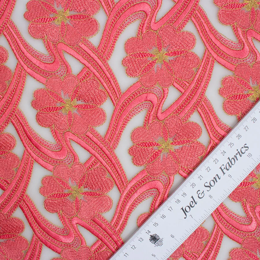 Coral Floral Embroidered Tulle