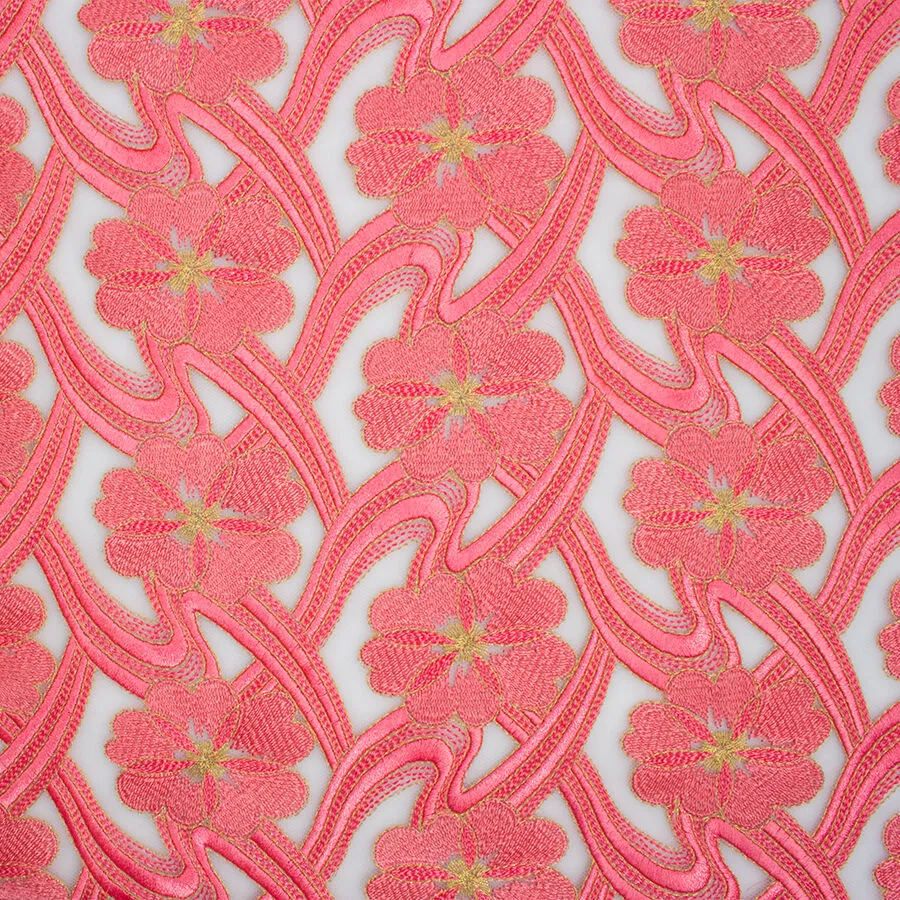 Coral Floral Embroidered Tulle