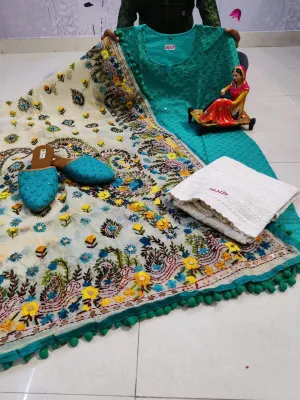 Design-2 Turquoise Blue Pure Cotton Phulkari Suit with Beautiful Handmade Mirror Work Shopping Online