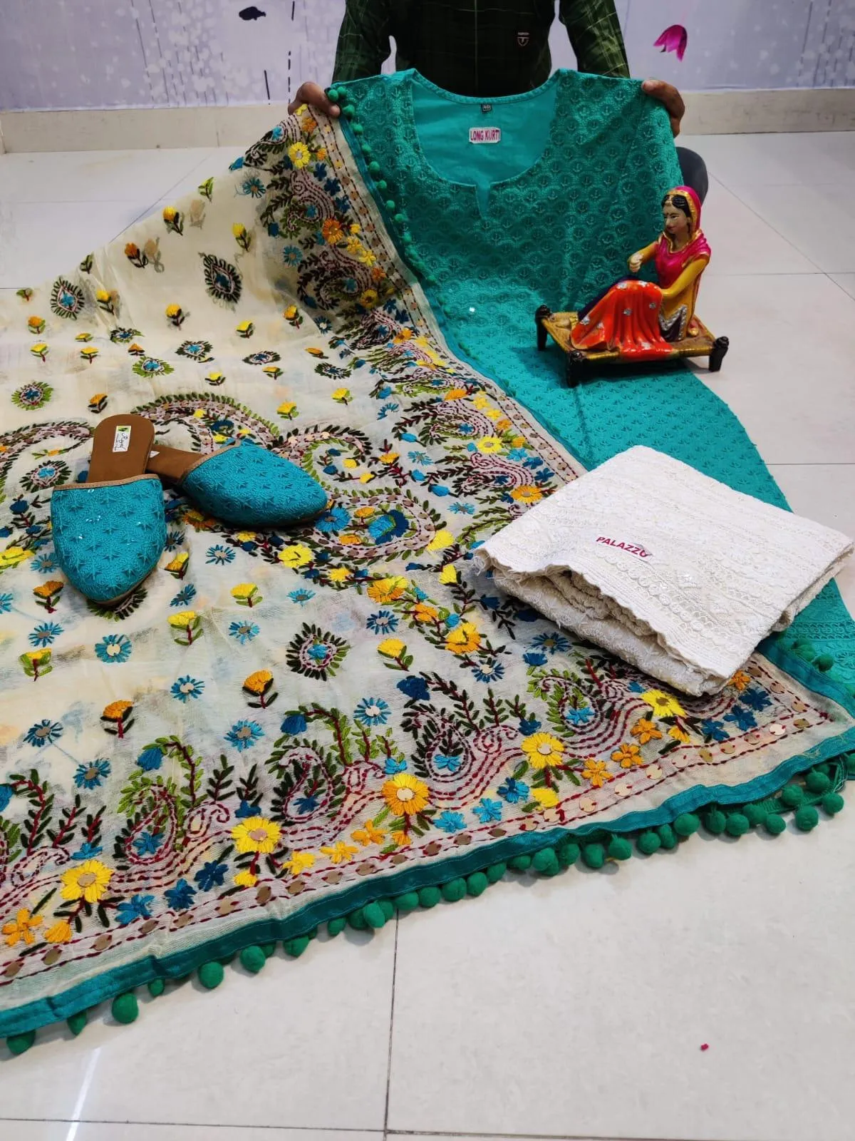 Design-2 Turquoise Blue Pure Cotton Phulkari Suit with Beautiful Handmade Mirror Work Shopping Online