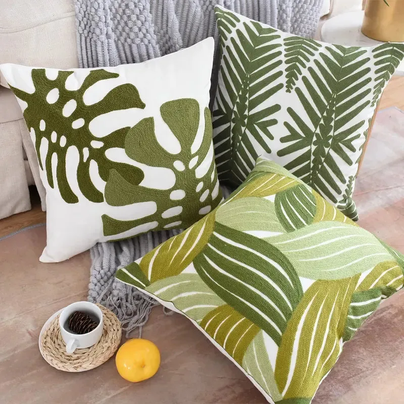 Elegant Green Leaf Embroidered Cushion Cover, Pure Cotton, 45 x 45cm