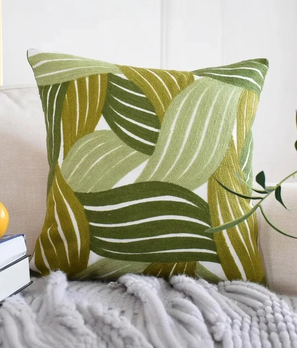 Elegant Green Leaf Embroidered Cushion Cover, Pure Cotton, 45 x 45cm