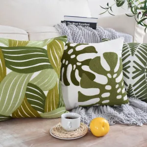 Elegant Green Leaf Embroidered Cushion Cover, Pure Cotton, 45 x 45cm