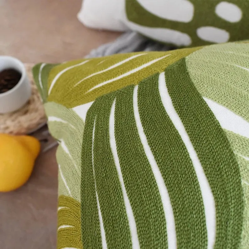 Elegant Green Leaf Embroidered Cushion Cover, Pure Cotton, 45 x 45cm