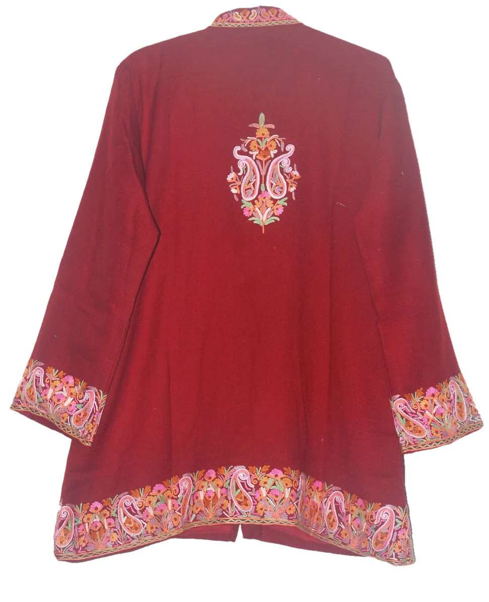 Embroidered Woolen Jacket Maroon, Multicolor Embroidery #BD-002
