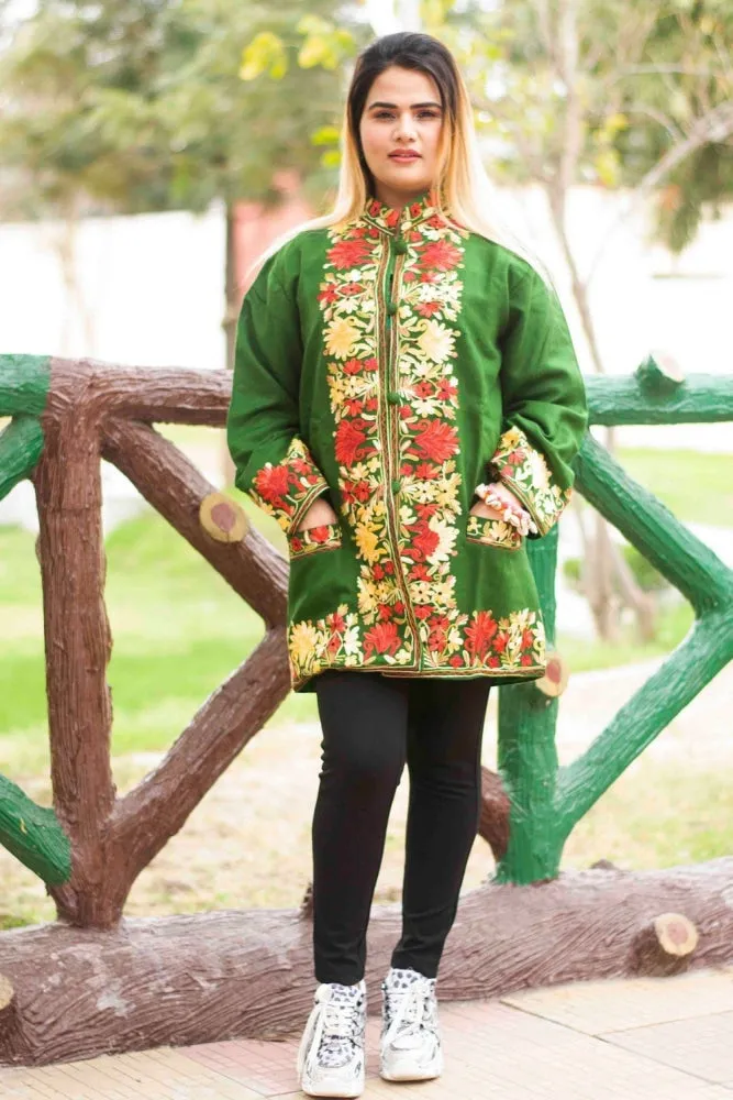 Green Colour Aari Work Embroidered Short Jacket With New Designer Paisley Pattern