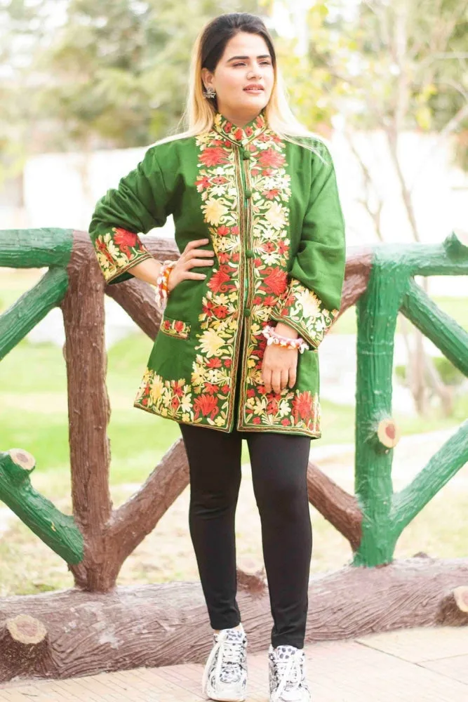 Green Colour Aari Work Embroidered Short Jacket With New Designer Paisley Pattern