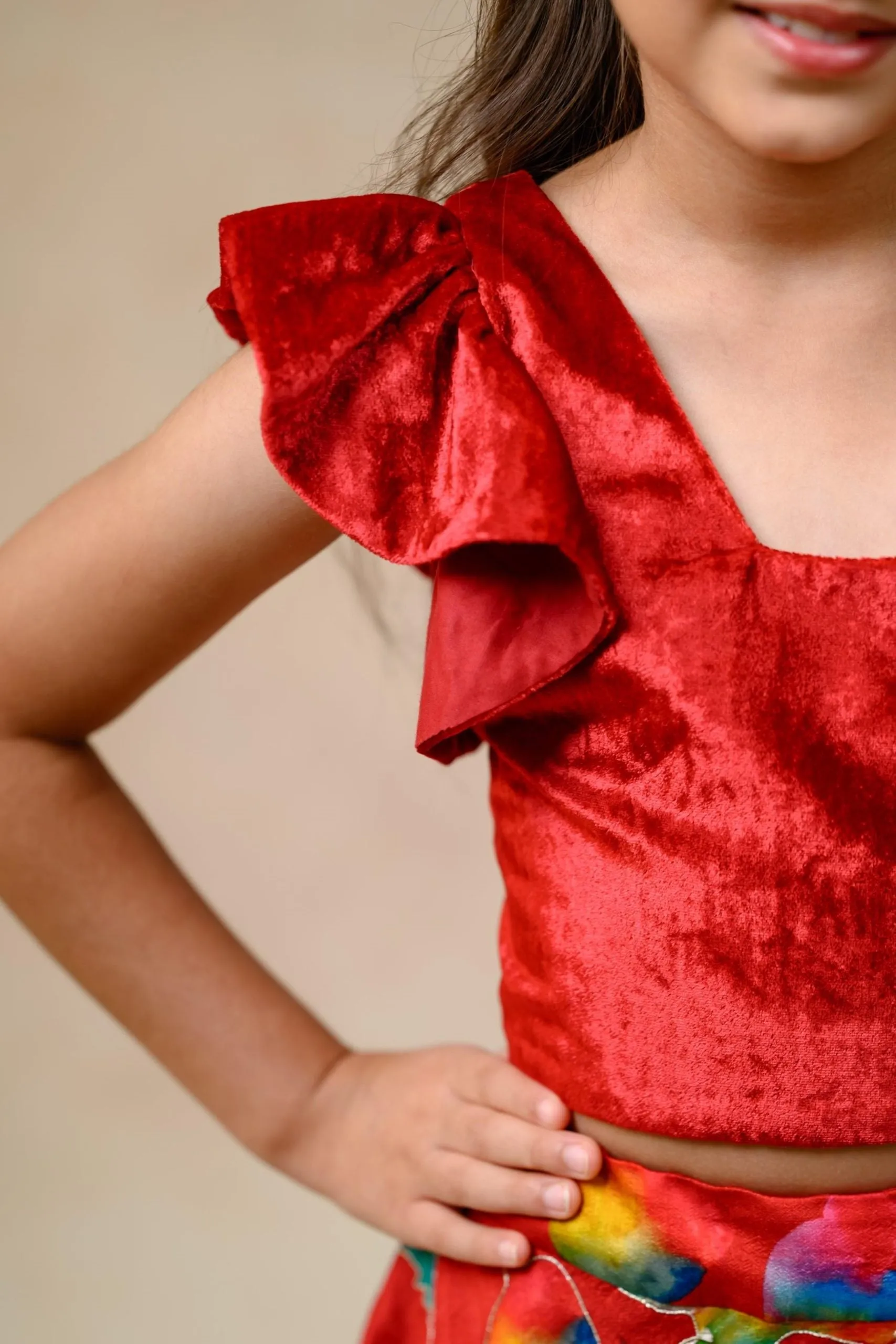 Hand embroidered lehenga with ruffle blouse and feather dupatta