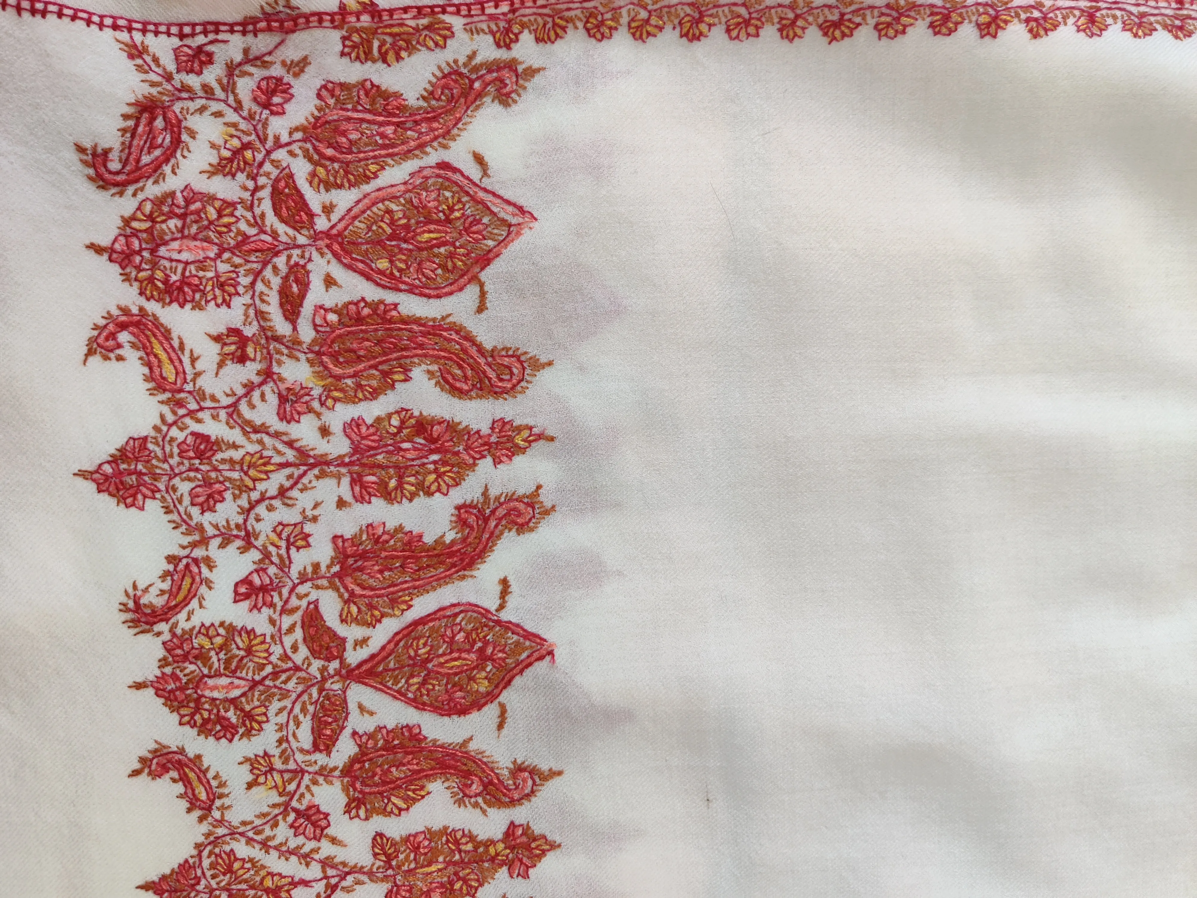 Ivory Merino Wool Shawl with Vibrant Red Sozni Hand Embroidered Border