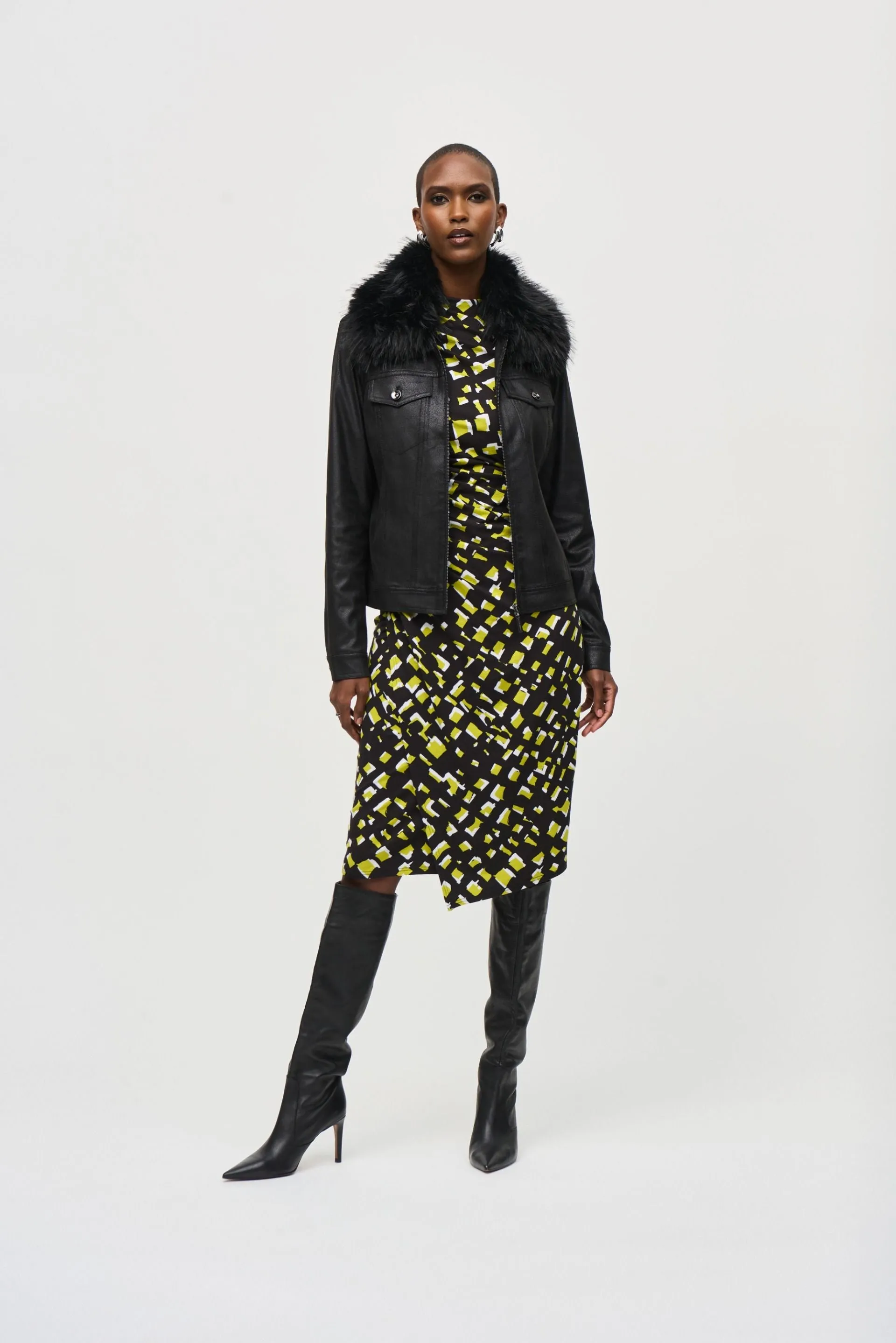 Joseph Ribkoff Black Faux Fur Collar Zip-Up Faux Suede Jacket 243907