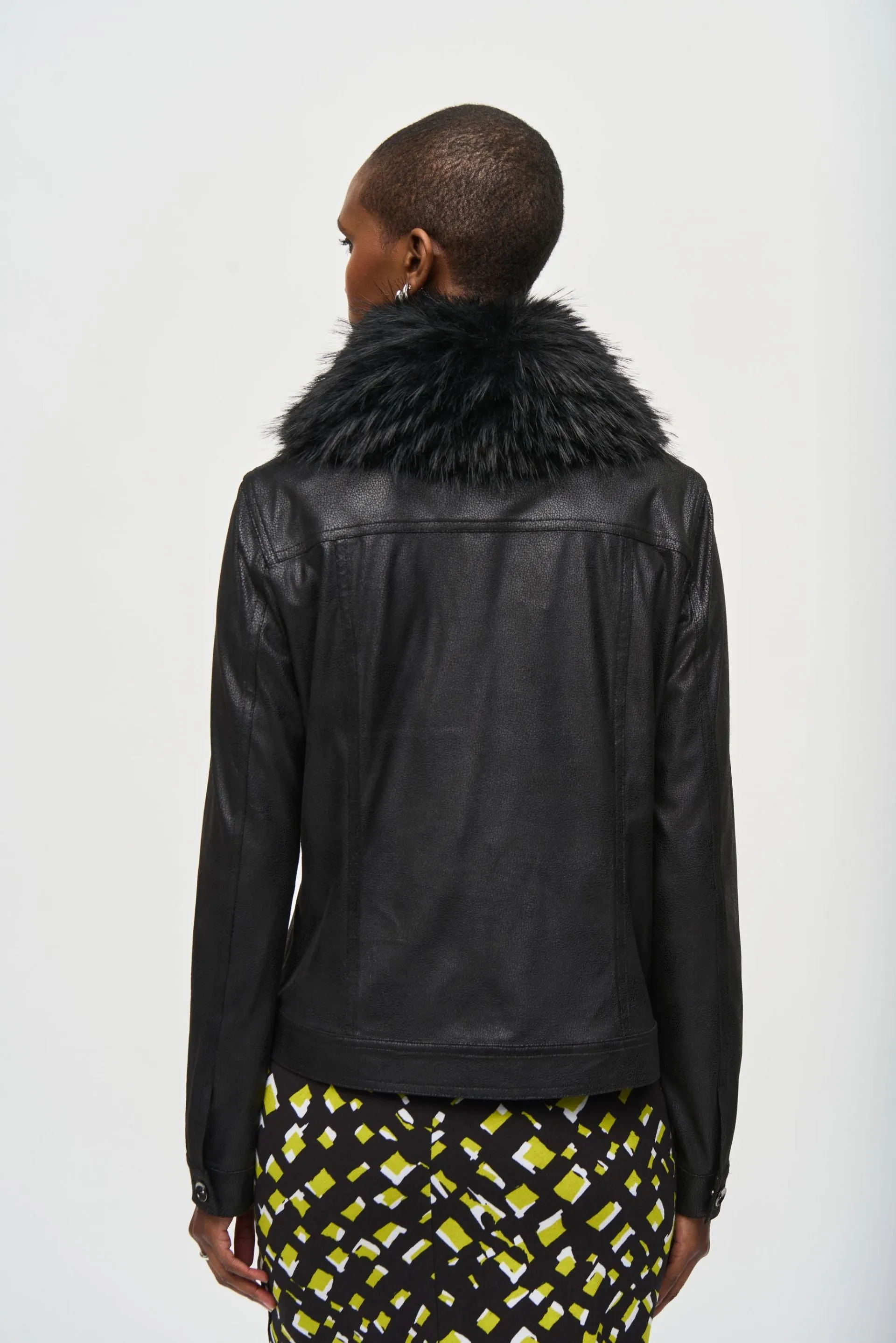 Joseph Ribkoff Black Faux Fur Collar Zip-Up Faux Suede Jacket 243907