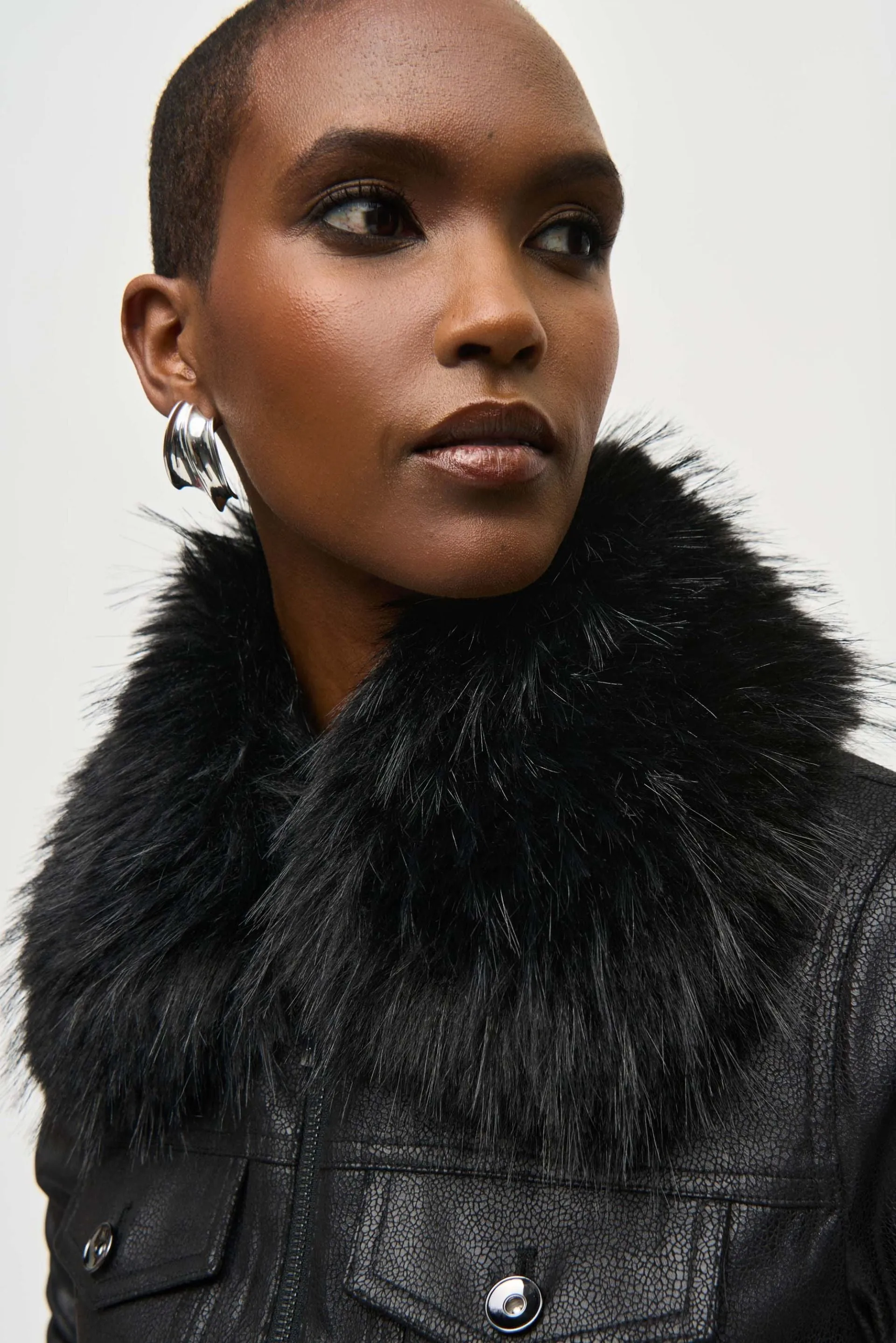 Joseph Ribkoff Black Faux Fur Collar Zip-Up Faux Suede Jacket 243907