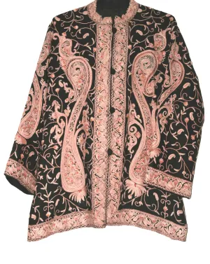 Kashmiri Woolen Jacket Black, Beige Embroidery #AO-021