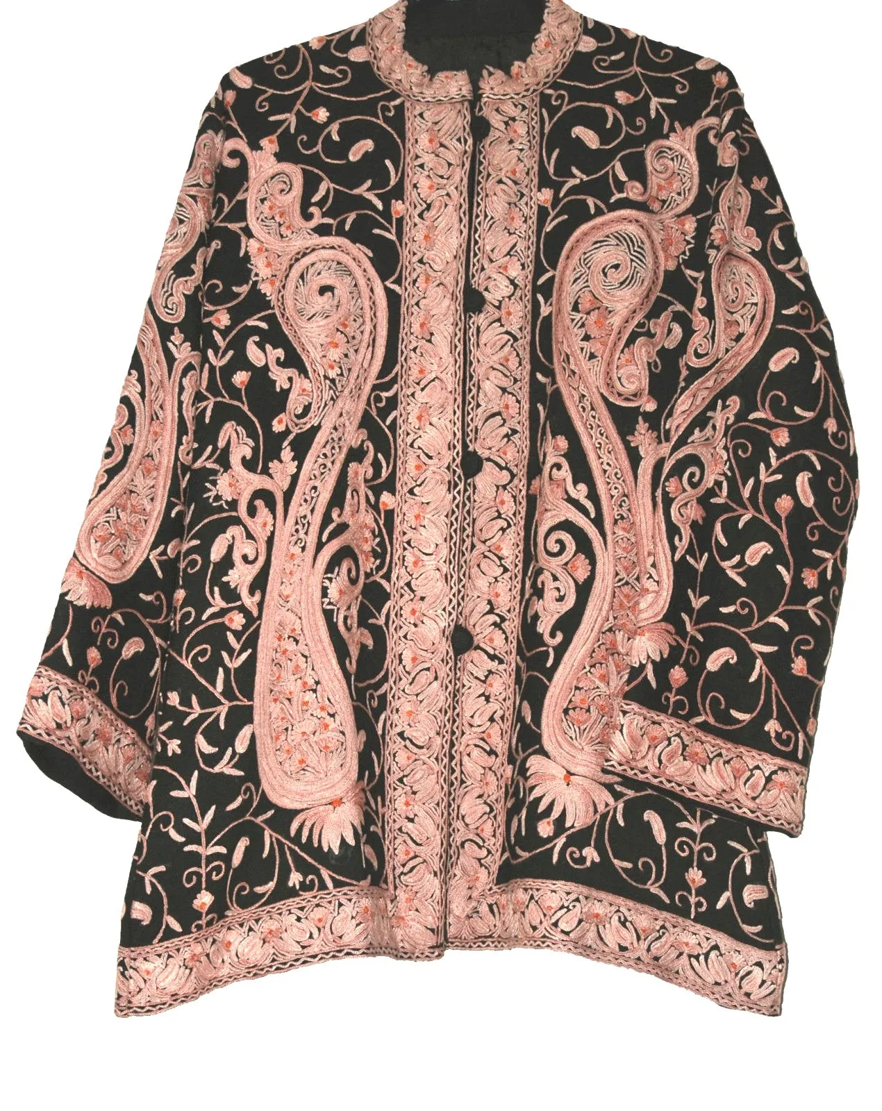 Kashmiri Woolen Jacket Black, Beige Embroidery #AO-021