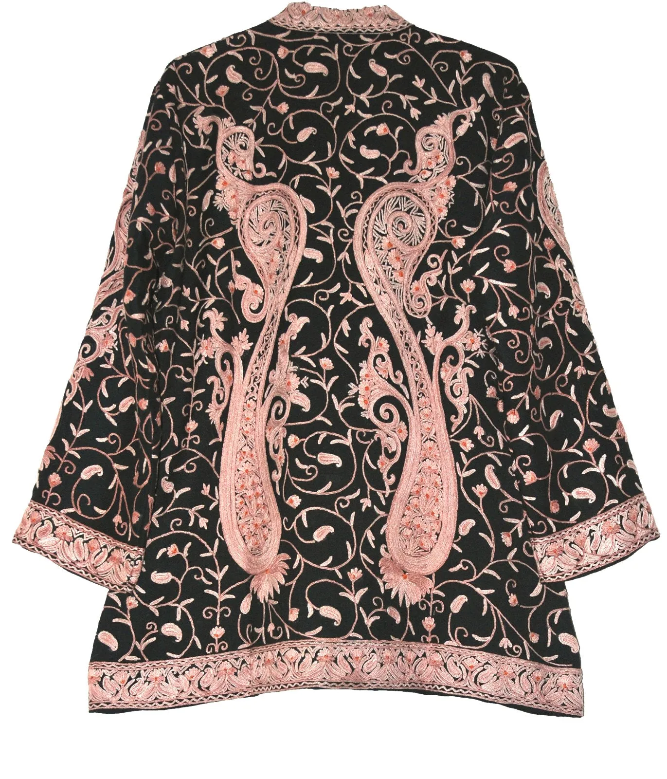 Kashmiri Woolen Jacket Black, Beige Embroidery #AO-021