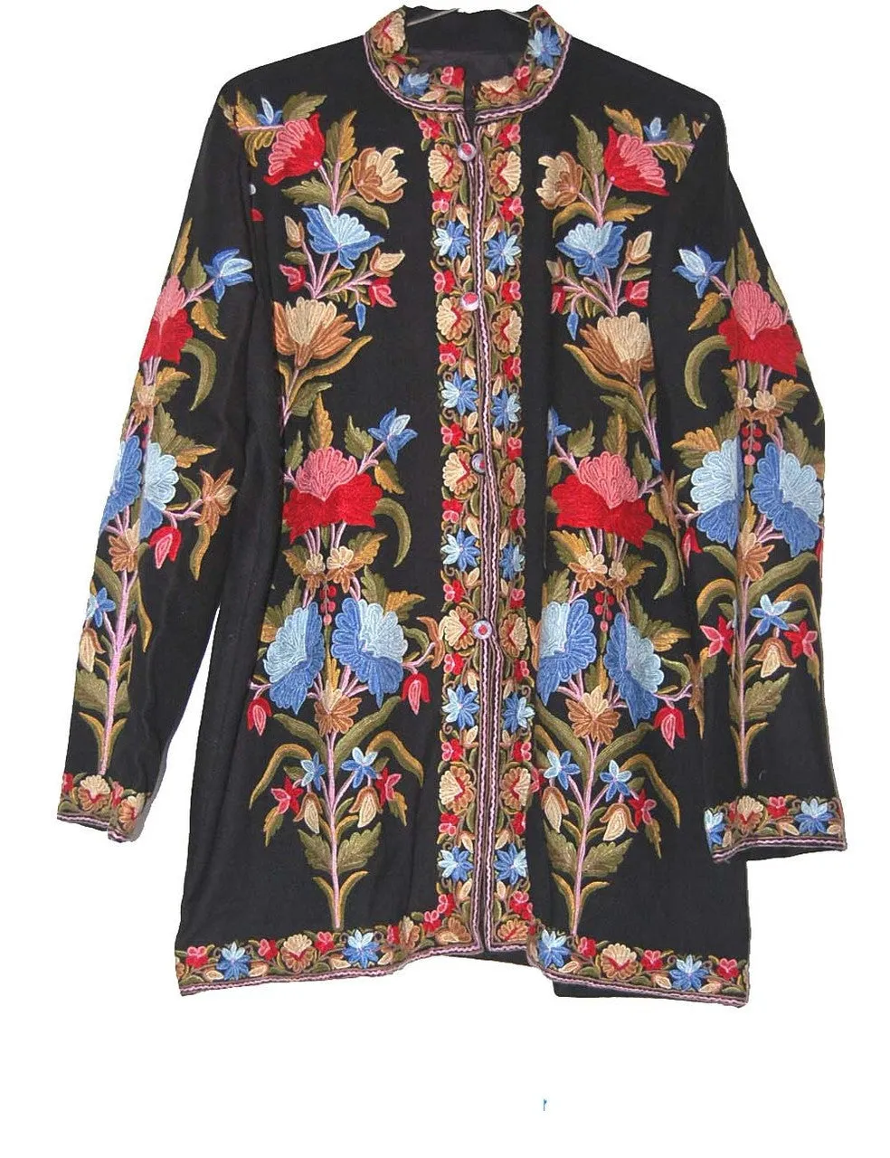 Kashmiri Woolen Jacket Black, Multicolor Embroidery #AO-0052