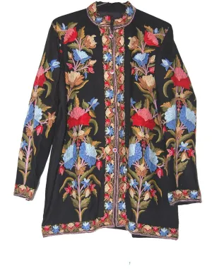 Kashmiri Woolen Jacket Black, Multicolor Embroidery #AO-0052