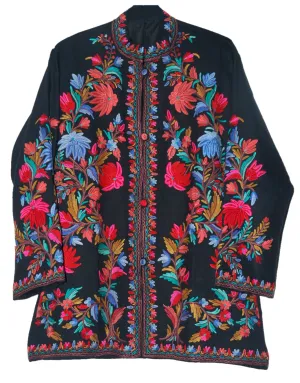 Kashmiri Woolen Jacket Black, Multicolor Embroidery #AO-008