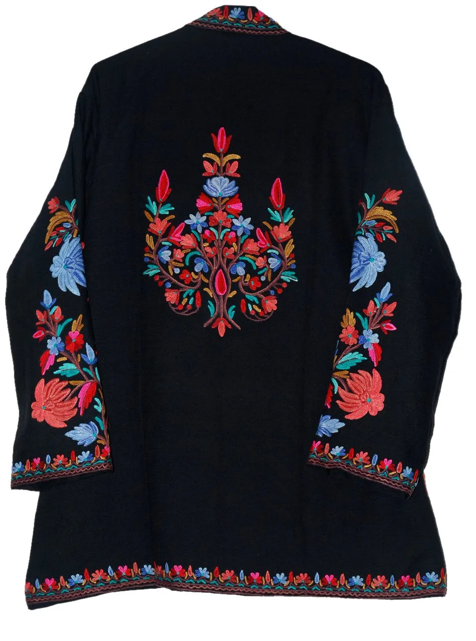 Kashmiri Woolen Jacket Black, Multicolor Embroidery #AO-008