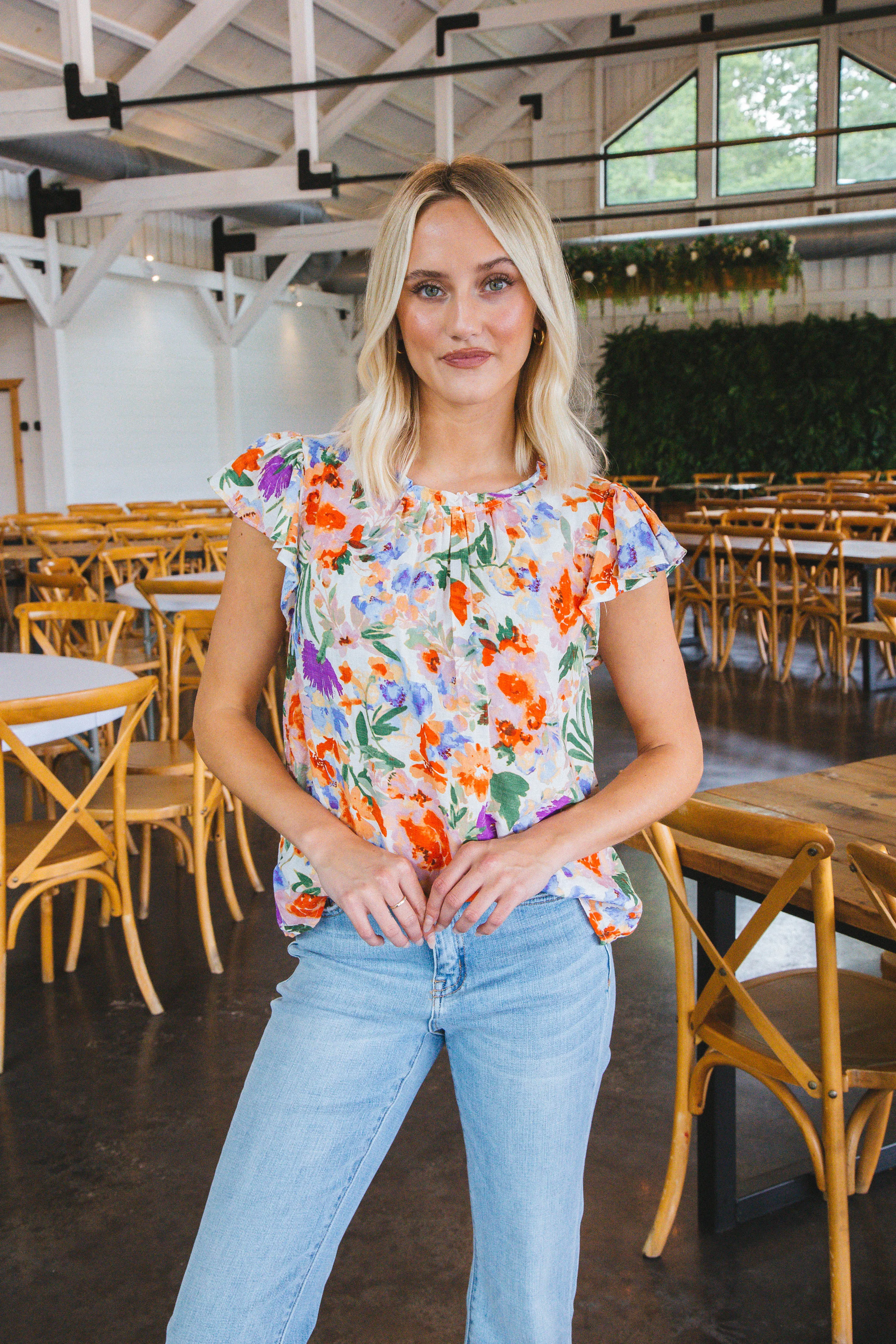 Khloe Flutter Sleeve Blouse, Red Multi