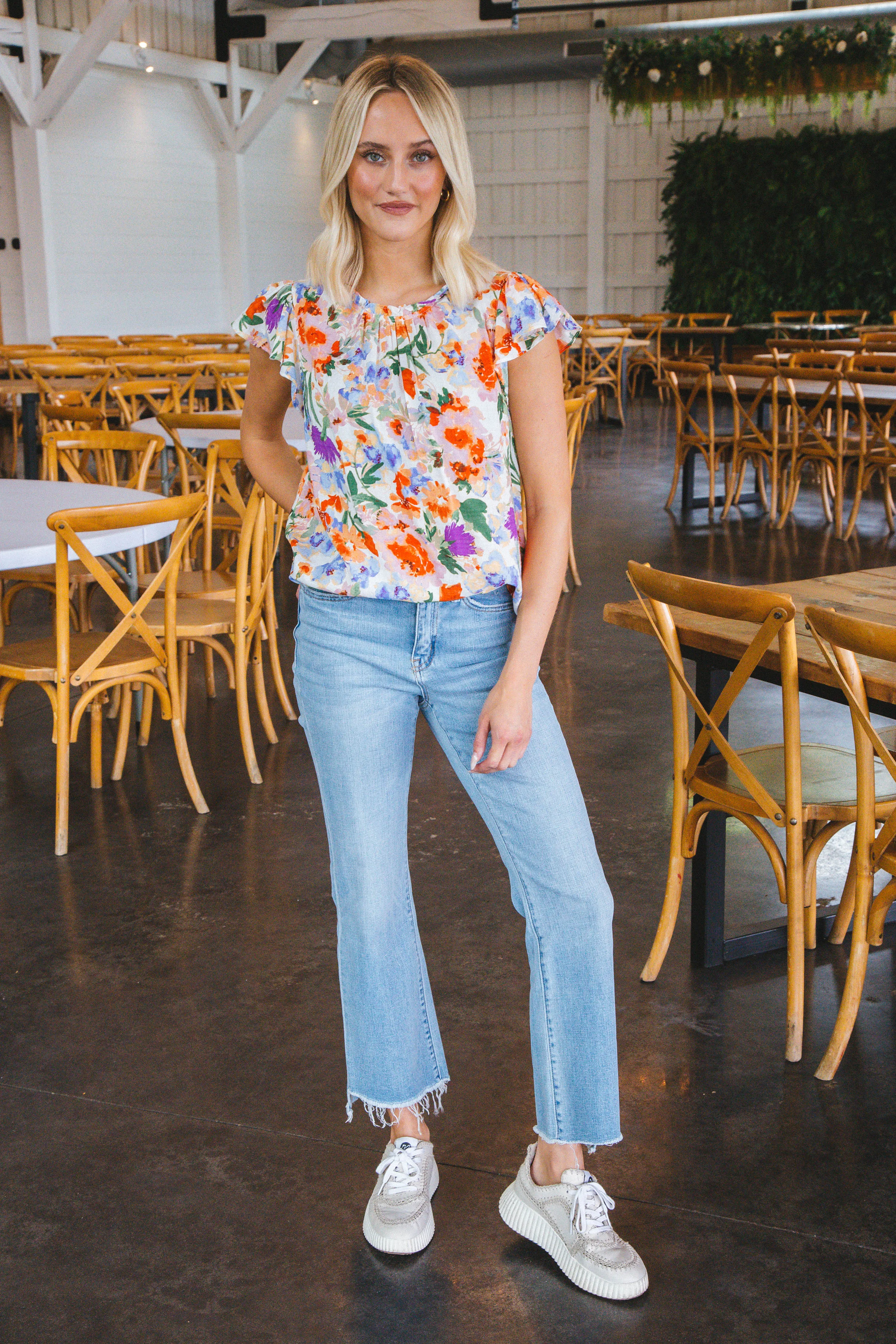 Khloe Flutter Sleeve Blouse, Red Multi