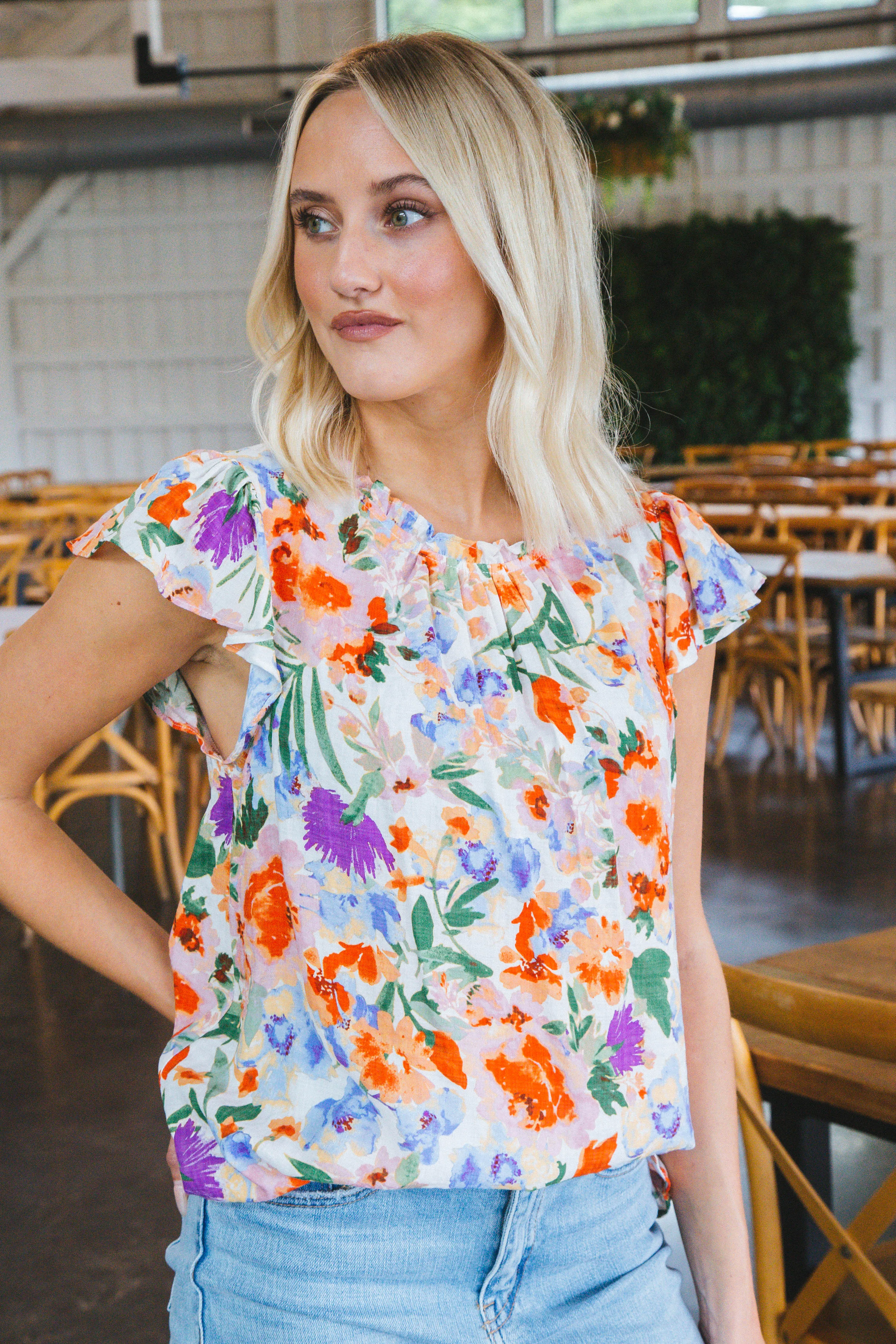 Khloe Flutter Sleeve Blouse, Red Multi