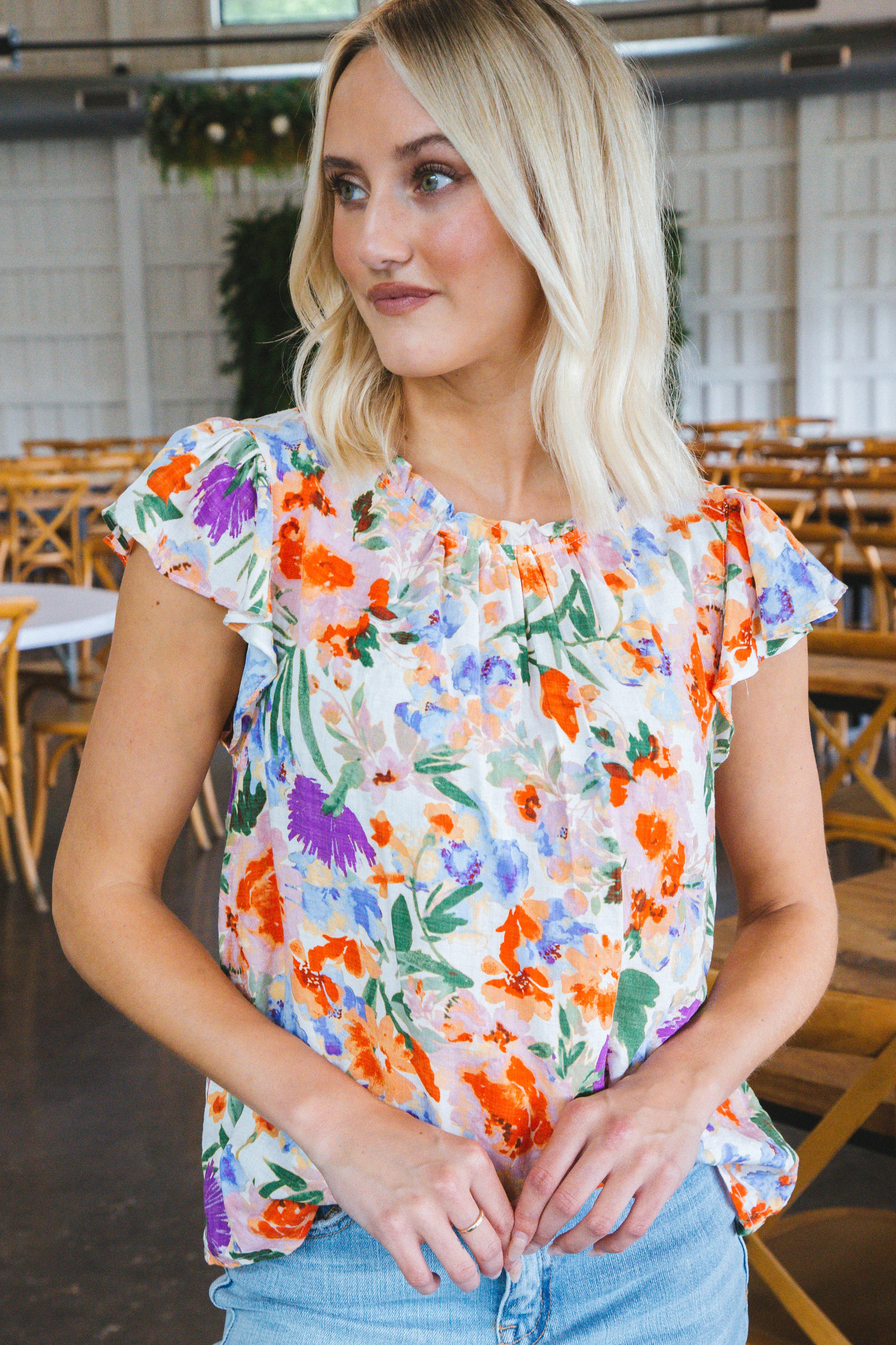 Khloe Flutter Sleeve Blouse, Red Multi