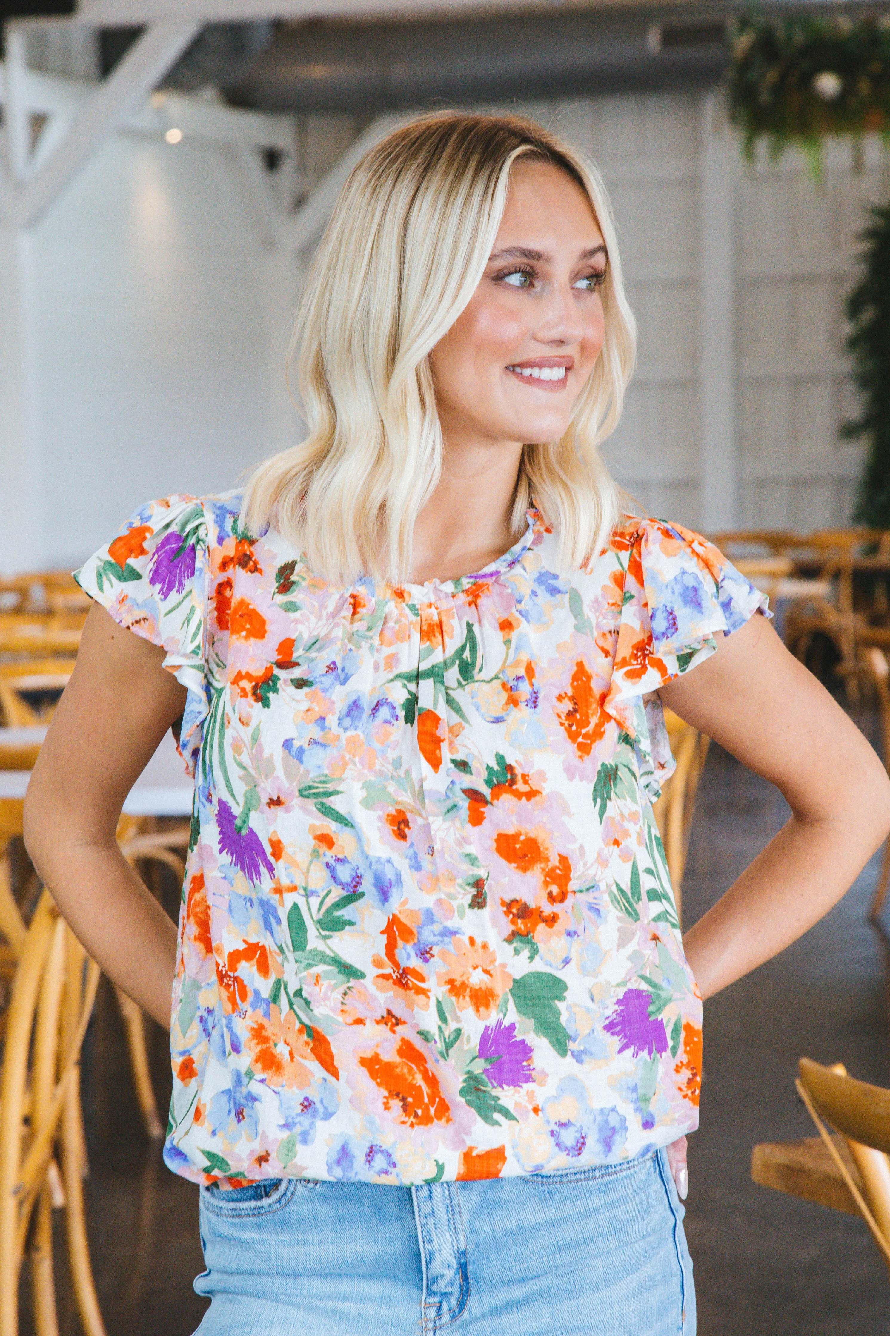 Khloe Flutter Sleeve Blouse, Red Multi