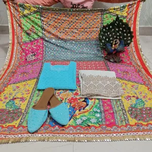 Light Blue Cambric Cotton Kurti with Digital Pakistani Mirror Dupatta Set Latest Online