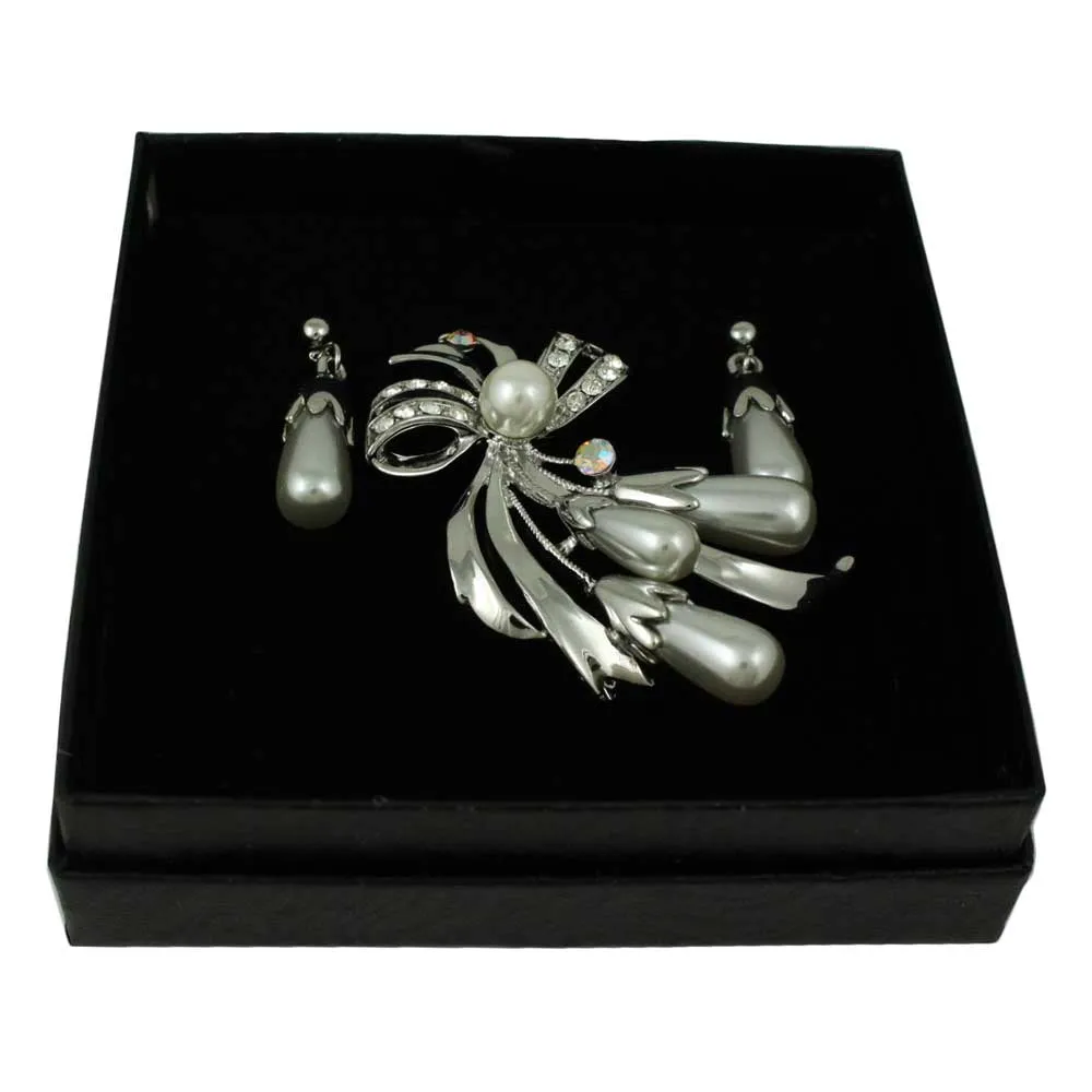 Light Gray Pearls Pin with Dangling Pearl Earring Set - PRP743BS