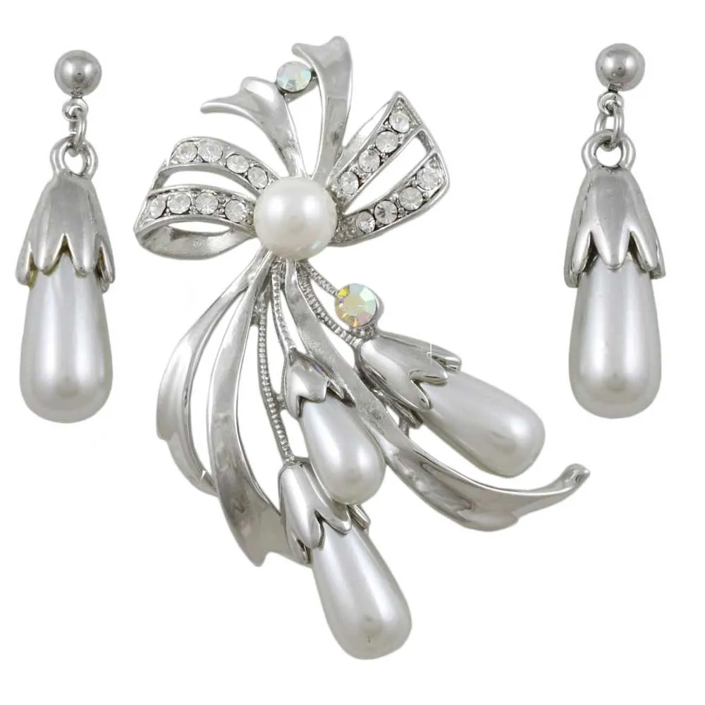 Light Gray Pearls Pin with Dangling Pearl Earring Set - PRP743BS