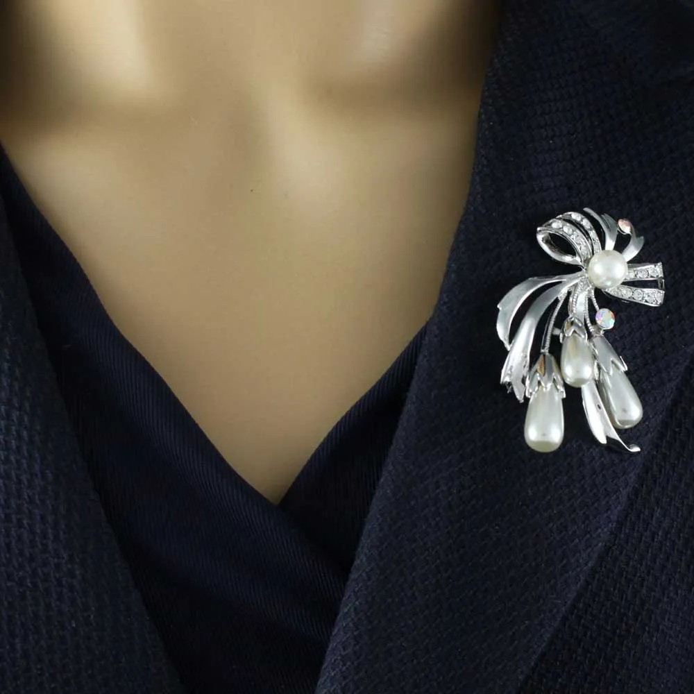 Light Gray Pearls Pin with Dangling Pearl Earring Set - PRP743BS