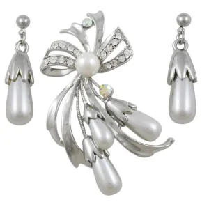 Light Gray Pearls Pin with Dangling Pearl Earring Set - PRP743BS