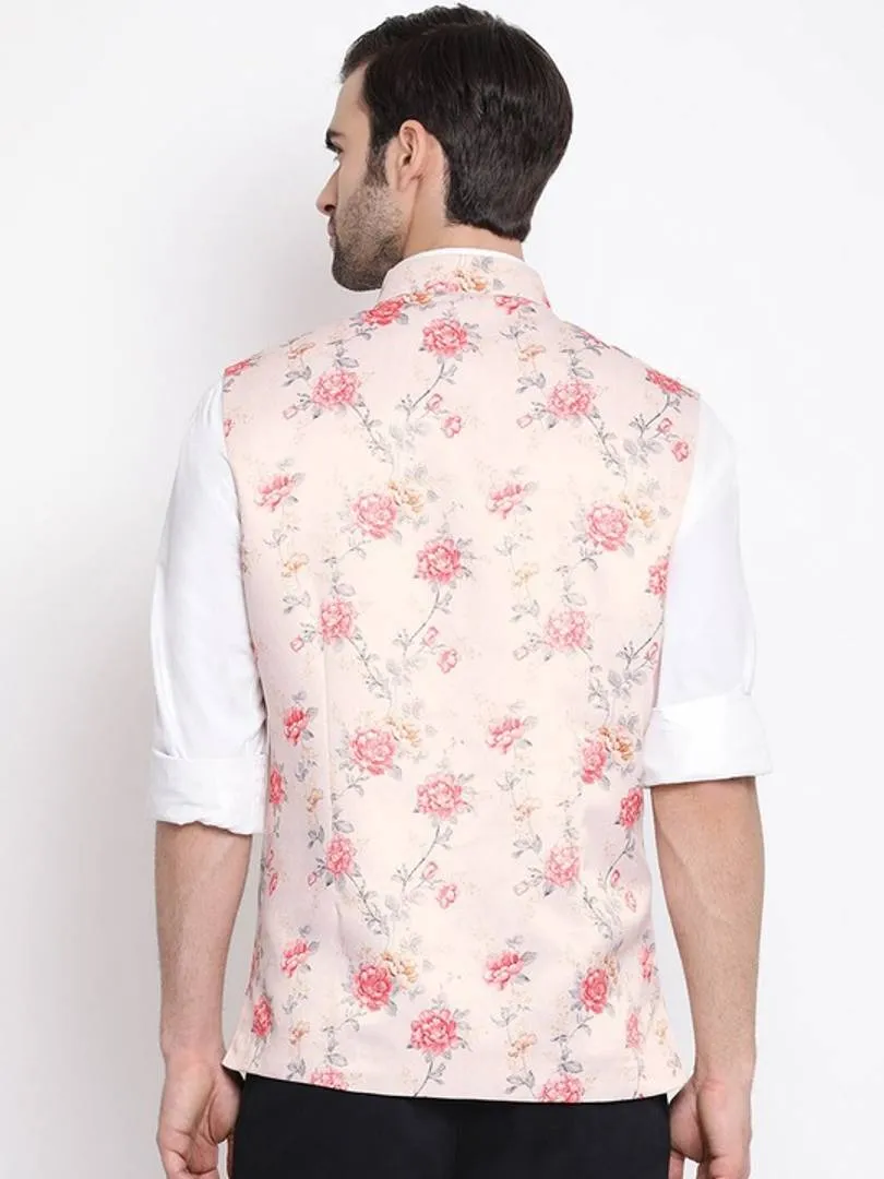 Men's Peach 
Silk Blend
 Printed Nehru Jackets