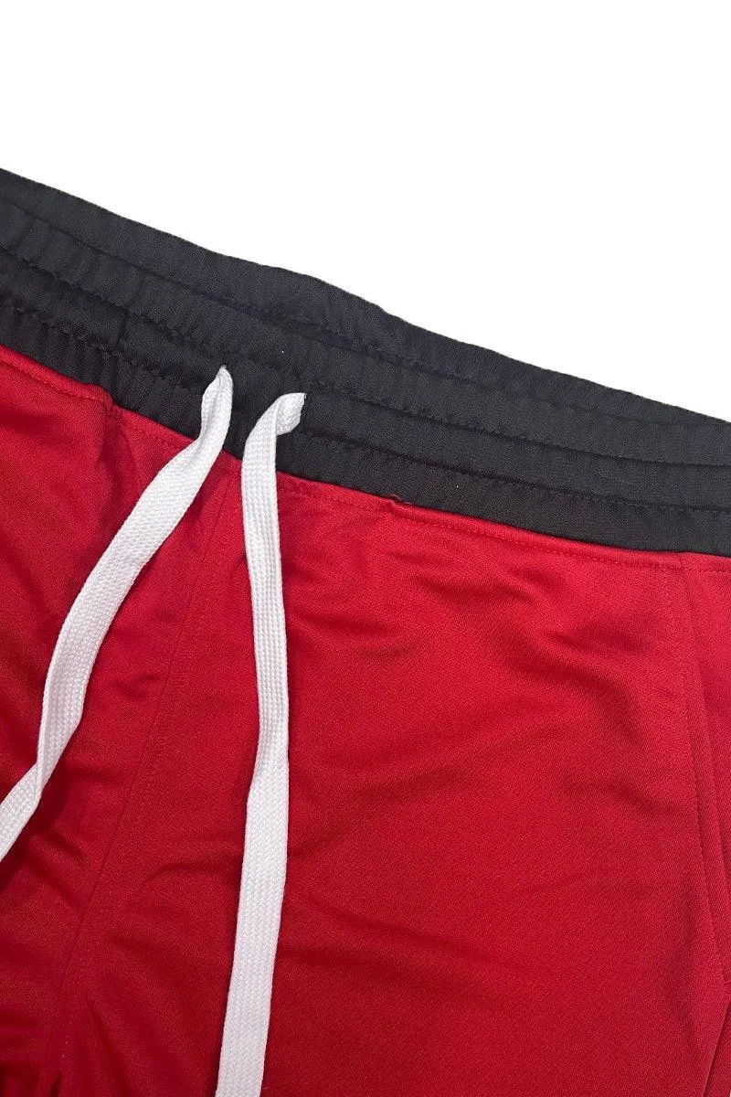 Mens Red Drawstring Shorts Black White Trim Basketball