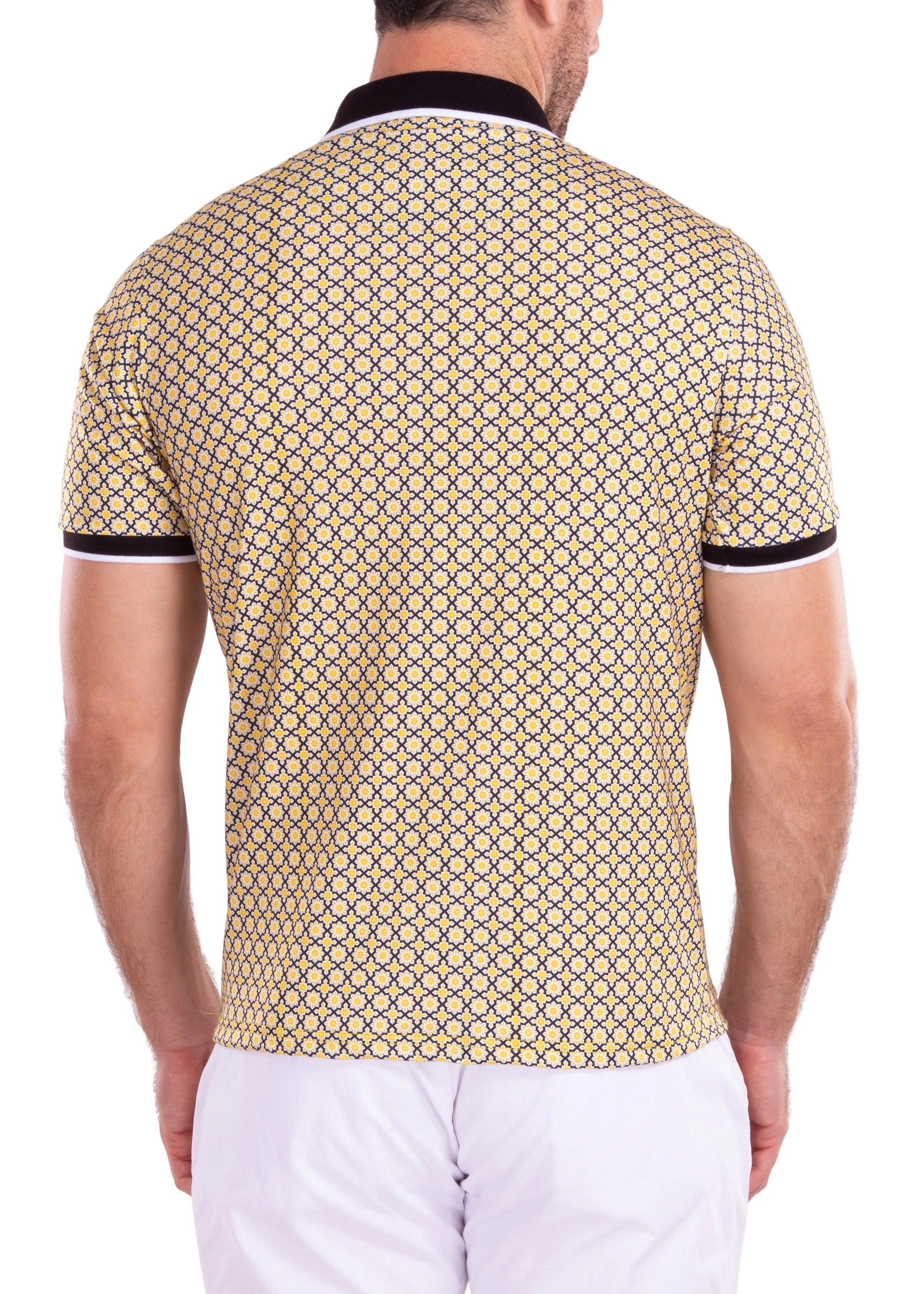 Moroccan Textile Pattern Printed Yellow Polo Shirt