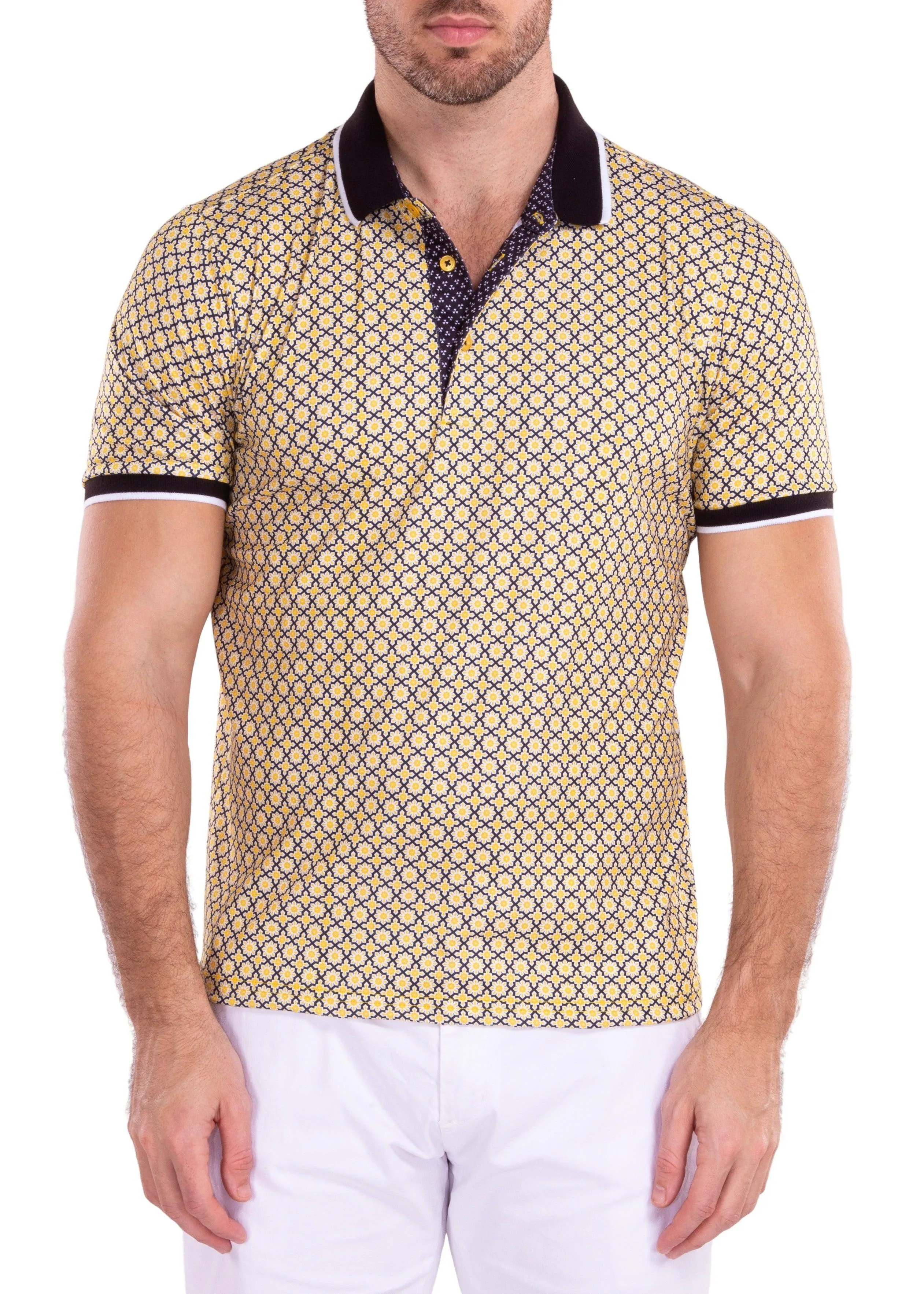 Moroccan Textile Pattern Printed Yellow Polo Shirt