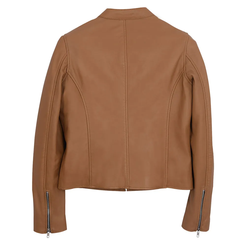 Moto Cafe Racer Womens Camel Leather Jacket