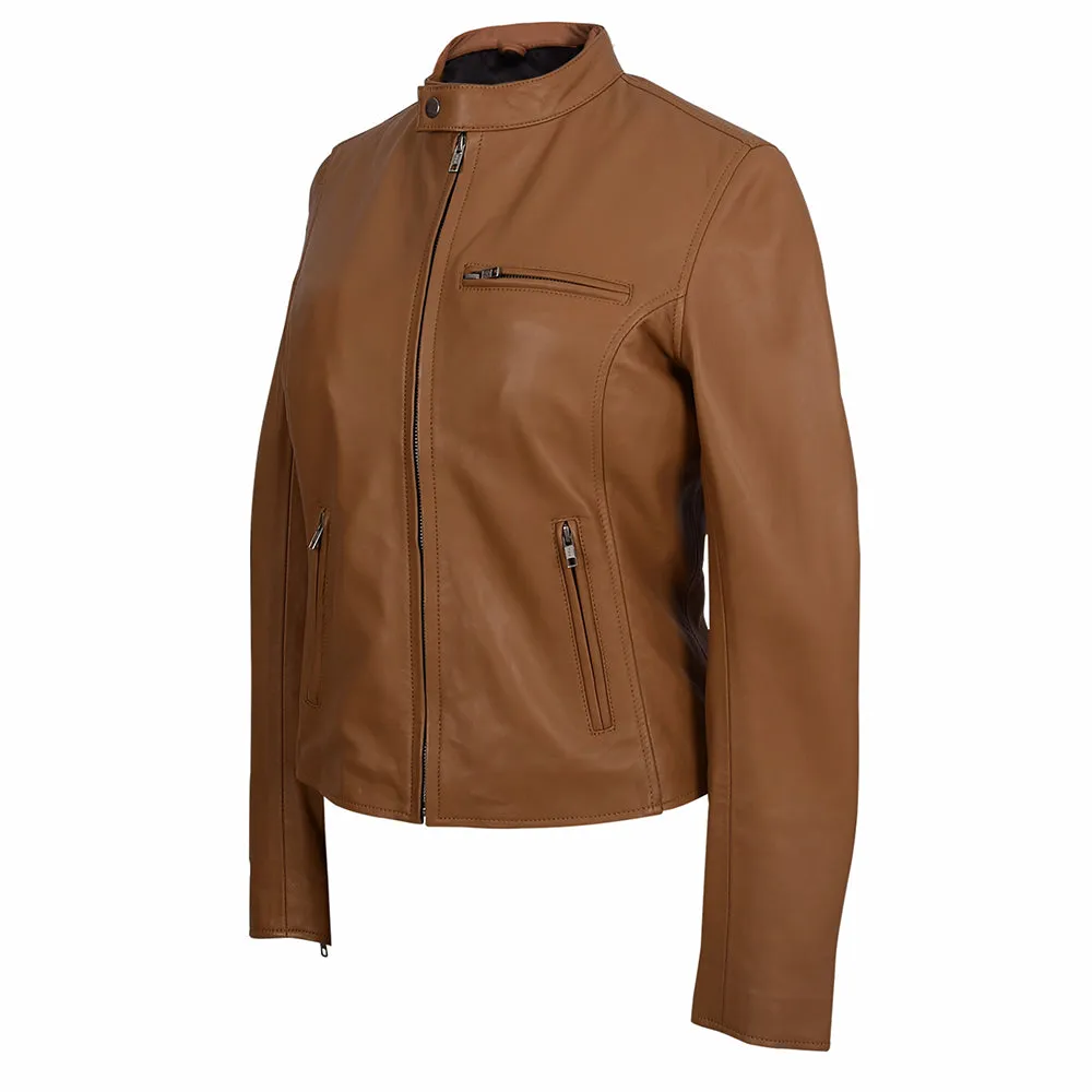 Moto Cafe Racer Womens Camel Leather Jacket