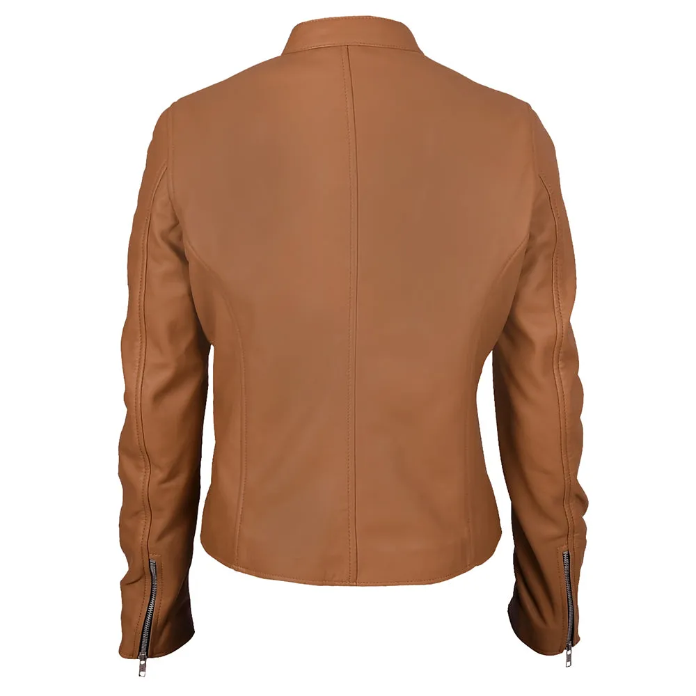 Moto Cafe Racer Womens Camel Leather Jacket