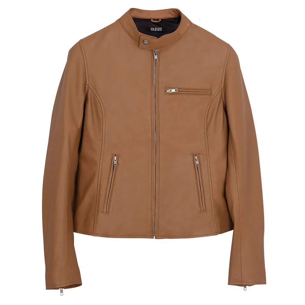 Moto Cafe Racer Womens Camel Leather Jacket