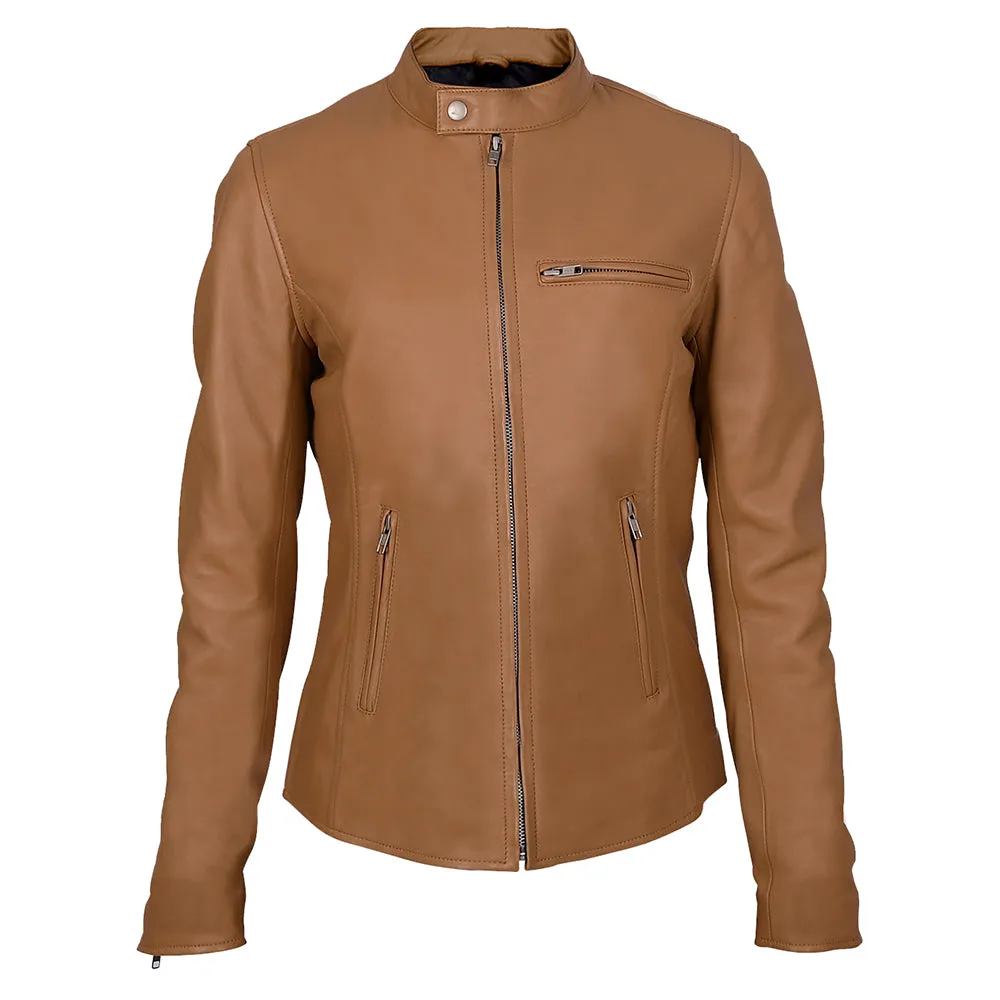 Moto Cafe Racer Womens Camel Leather Jacket