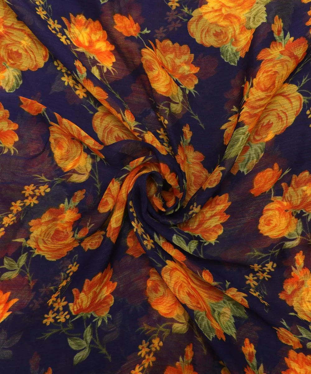 Navy Blue Colour Floral Print Chiffon Fabric