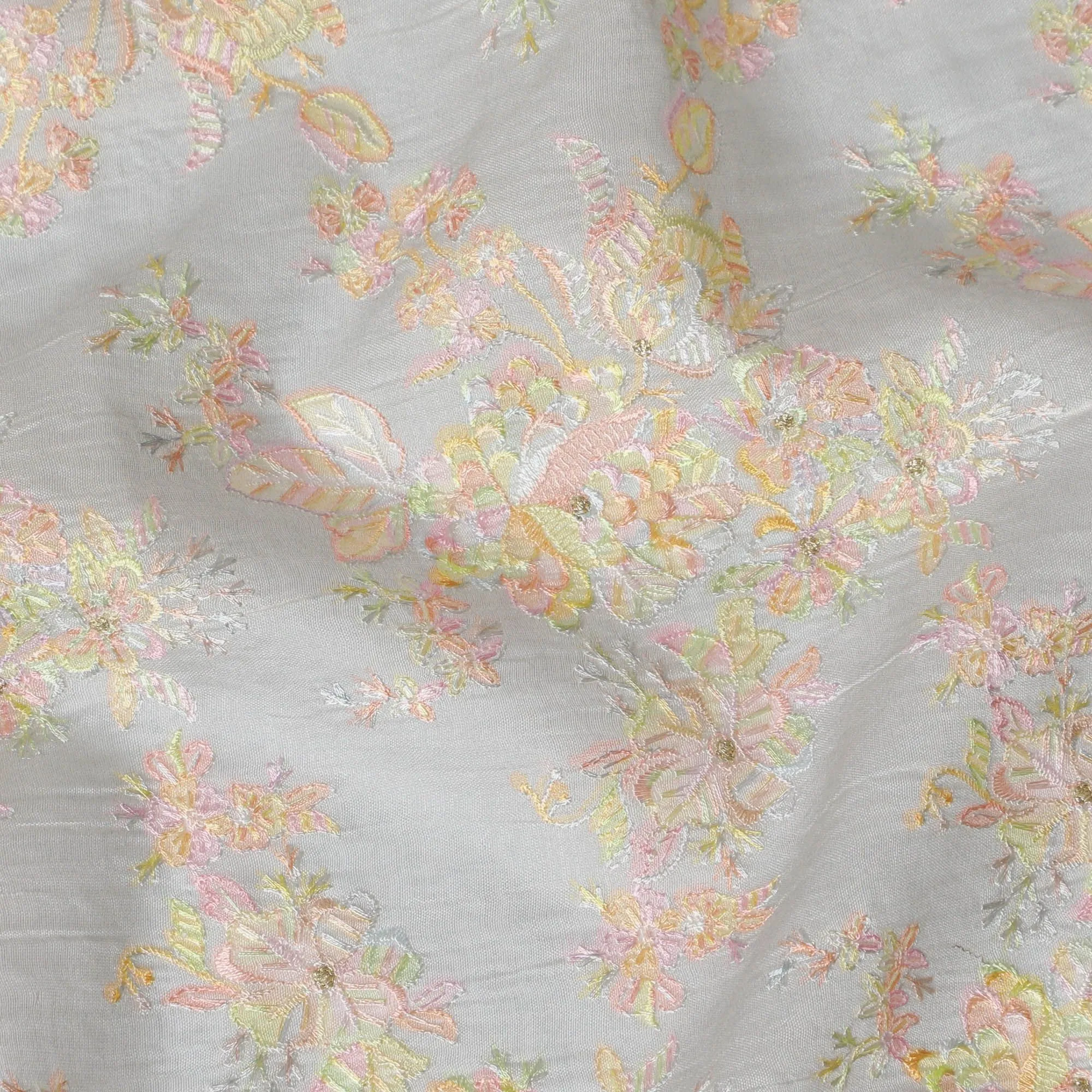 Pastel Grey Embroidered Premium Tussar Silk Fabric, 110cm Wide â€“ Authentic Indian Textile Elegance-D17684