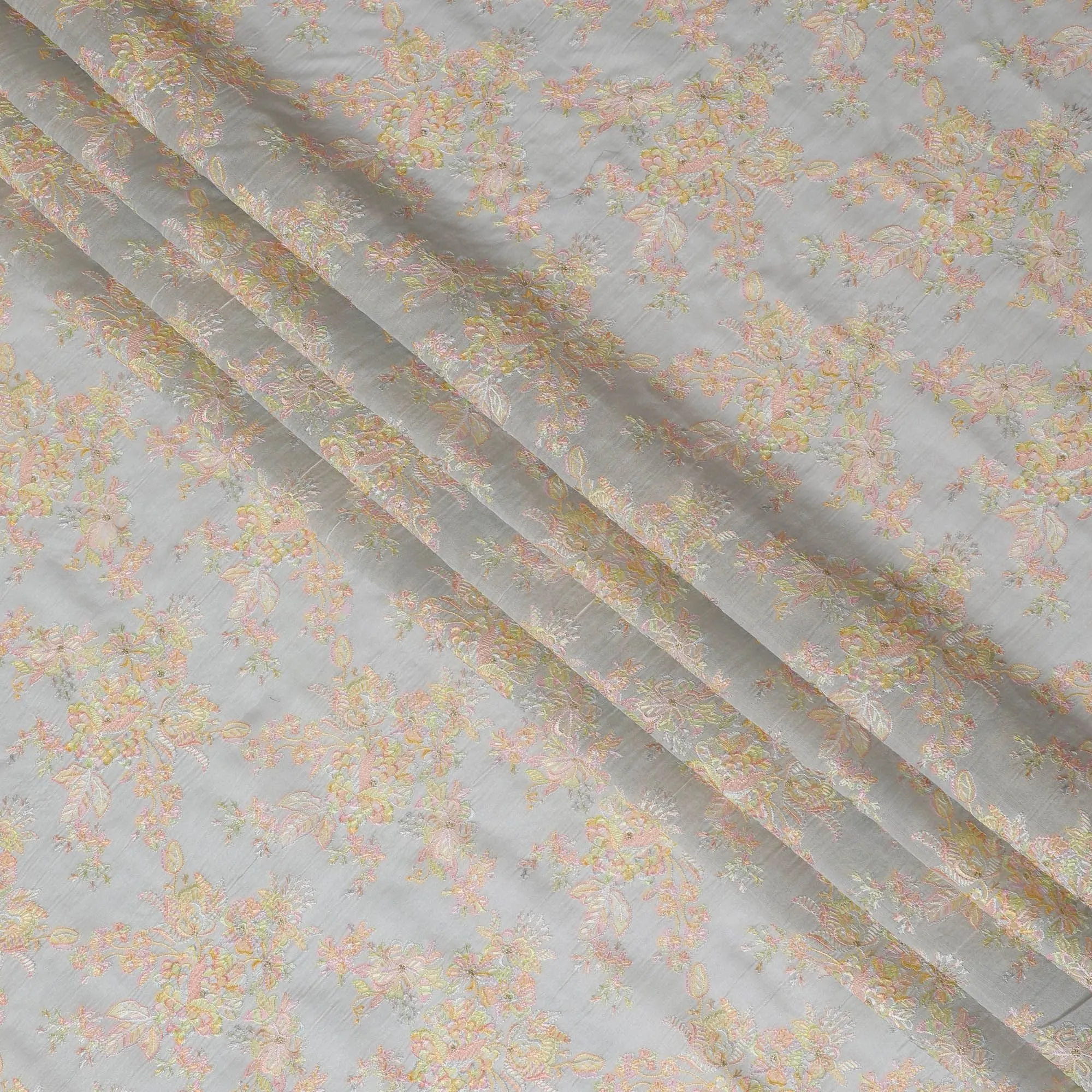 Pastel Grey Embroidered Premium Tussar Silk Fabric, 110cm Wide â€“ Authentic Indian Textile Elegance-D17684